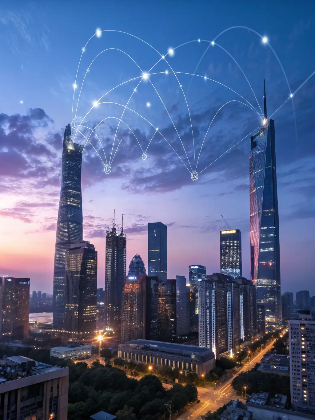 A futuristic cityscape with holographic AI interfaces overlaid, representing the potential of Artificial Intelligence in urban development and Originals Group's investment in AI.