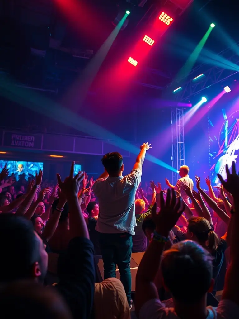 A dynamic scene from a large-scale event, featuring stage lighting, performers, and an enthusiastic audience, representing Originals Group's investments in the events industry.