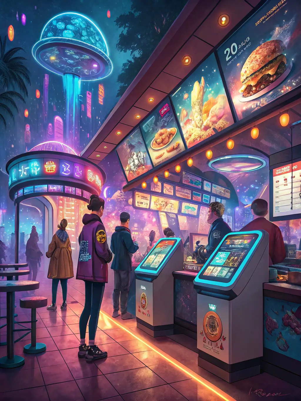 A vibrant and bustling restaurant scene, showcasing diverse cuisines and happy customers, representing Originals Group's investments in the restaurant industry.